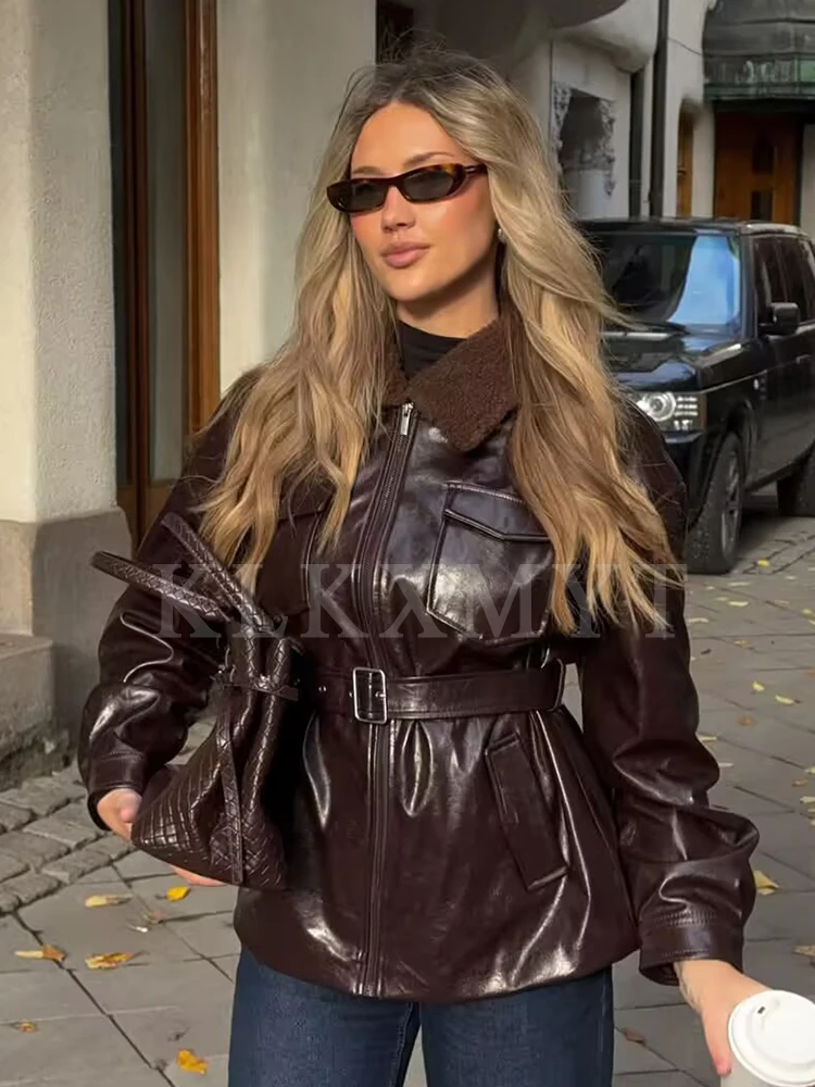 

Женские кожаные куртки 2024, осень-зима, новая мода, с лацканами, с длинными рукавами, на молнии и поясом, женская уличная элегантная куртка