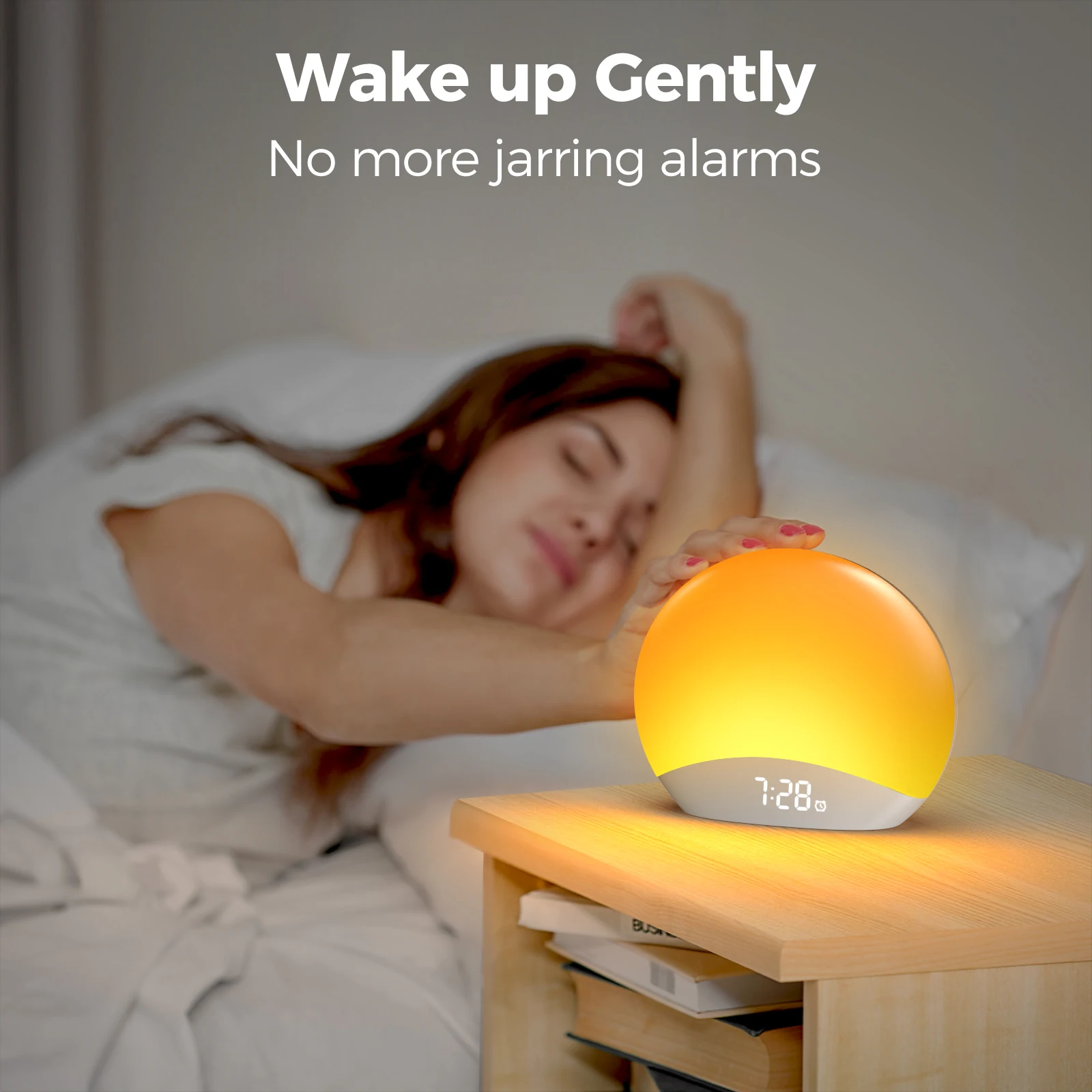 REACHER  Sunrise Alarm Clock Table Clock Dimmable with 3 Ring 8 Nightlight 26 Sound Countdown Timer Night Light Sunlight Wake Up