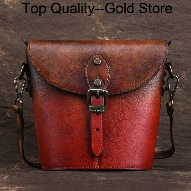 High Quality Women Natural Skin Cross Body Messenger Bucket Bag Fashion Brush Color Vintage Genuine Leather Single Shoulder Bags