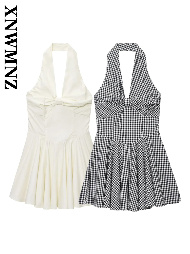 Xnwmnz 2025 verão nova senhora clube simples ombro sem costas vestidos sexy mulher sem mangas halter em camadas vestido moda midi