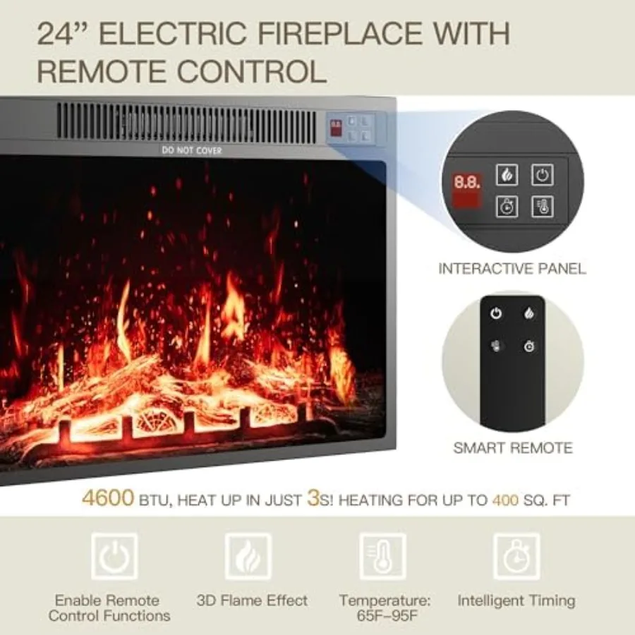 24'' Electric Fireplace Insert with Remote Control Timer 750/1500W 3D Adjustable Flame Modern Black Finish Energy-Efficient Hea