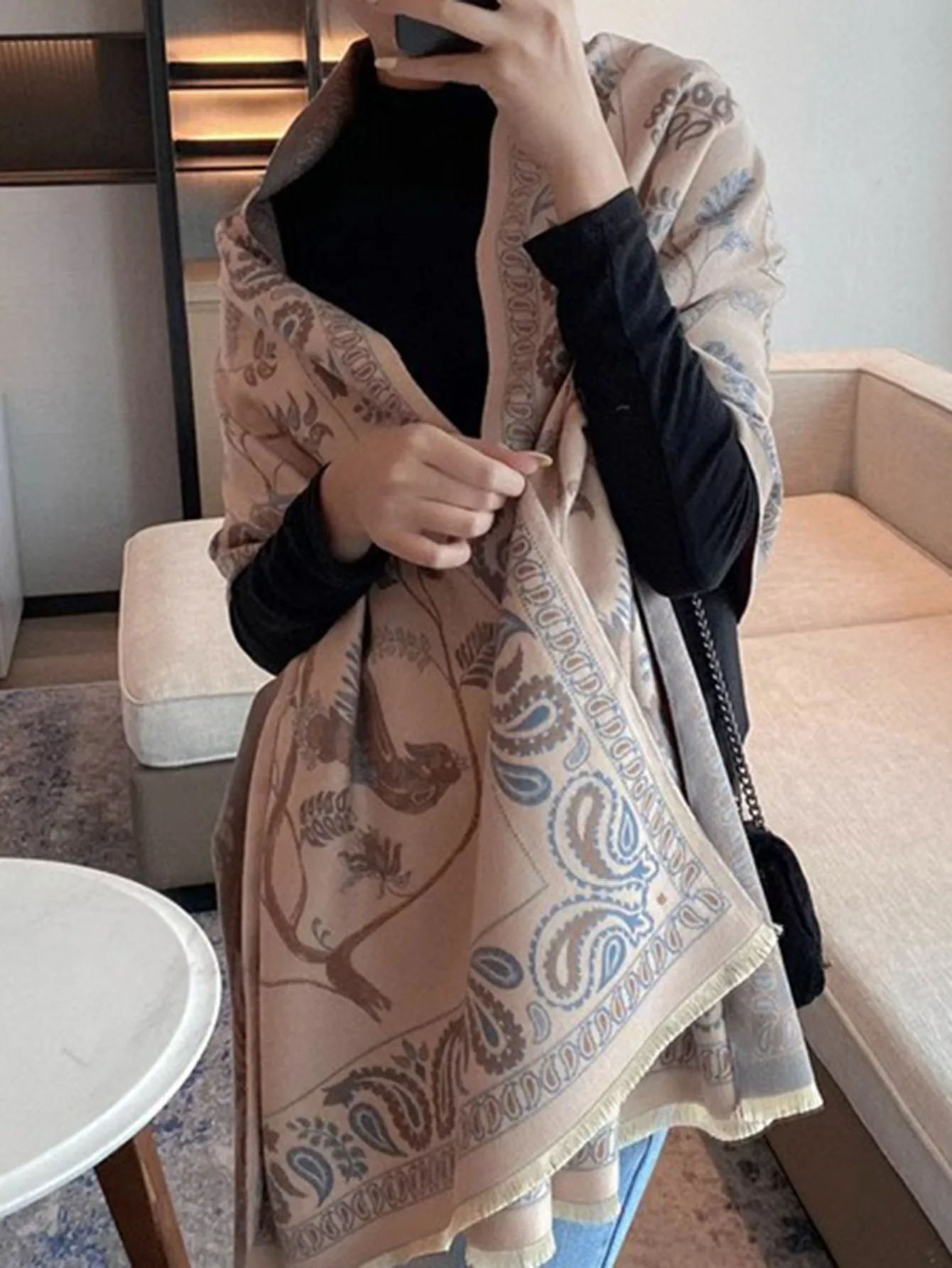 

Winter Female's Warmth Thick Scarves Advanced Printing with Bluebird and Cashew Pattern Long Pashmina Muslim Shawls for Women