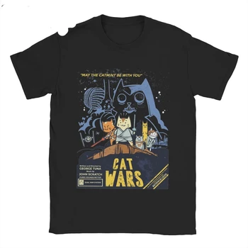 Star Cat Wars Meow Wars 남성용 재미있는 고양이 연인 티셔츠, 100% 코튼 빈티지 티셔츠, 반팔 의류 플러스 사이즈 