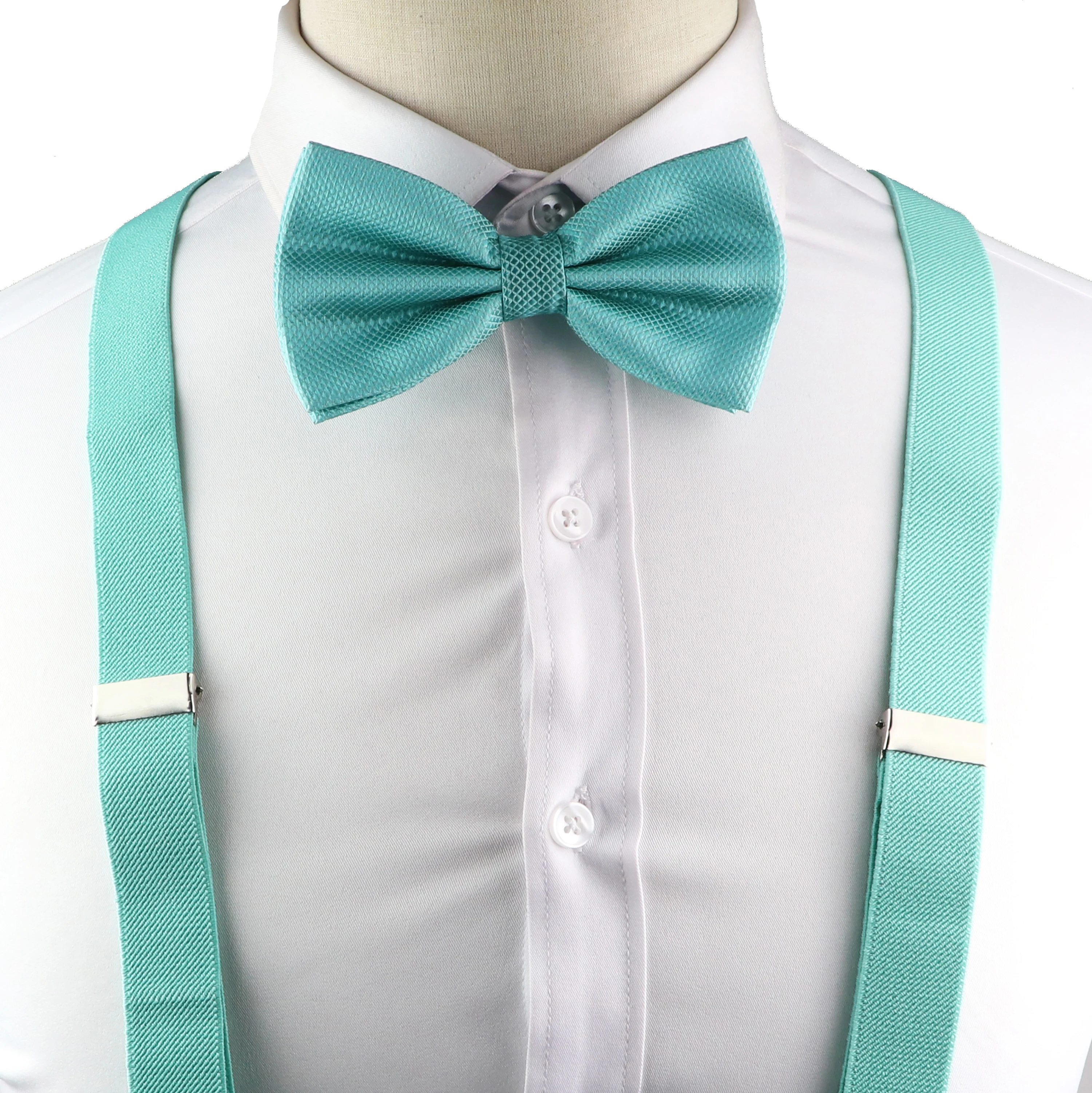 Fashion Men Kids Turquoise Green Suspender Bowtie Sets Elastic Solid Color Y-back Straps Butterfly Father Son Shirt Accessory