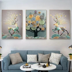 3pcs Abstract Poster Chinese Feng Shui Golden Rich Tree Print Wall Art Canvas Painting Art for Living Room Cuadros Decoration