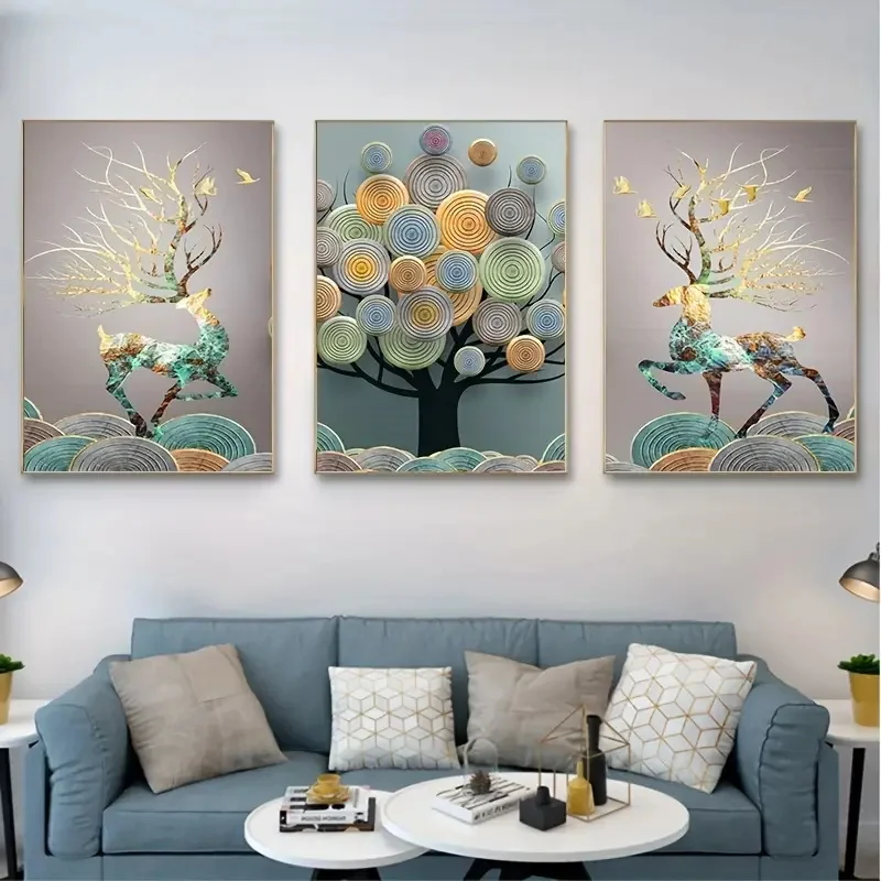 3pcs Abstract Poster Chinese Feng Shui Golden Rich Tree Print Wall Art Canvas Painting Art for Living Room Cuadros Decoration