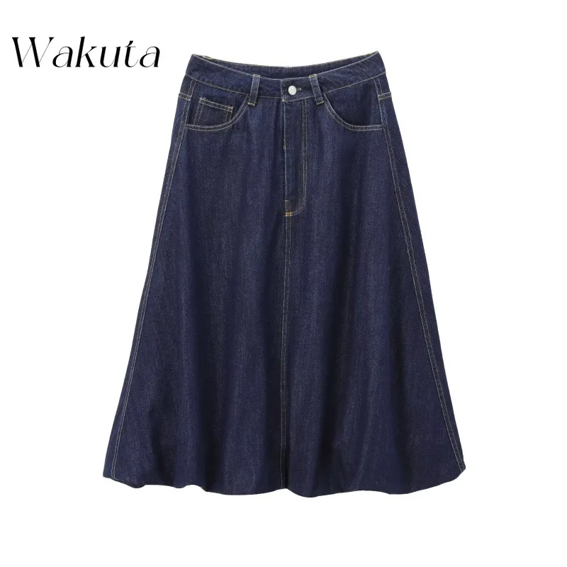 WAKUTA Fashion Retro Loose Fit Denim Skirt Casual British Style Splicing Midi Bustier Streetwear Faldas Ajustadas Y2k Skirts