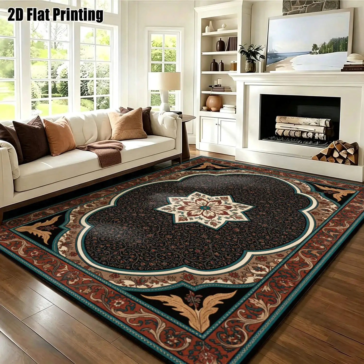 1Pc 2D Printed Retro Brown Black Star Floral Scroll Carpet, European Style Home Decor Rug, Machine Washable, Multi-Size for Entrance/Dining/Living/Bedroom