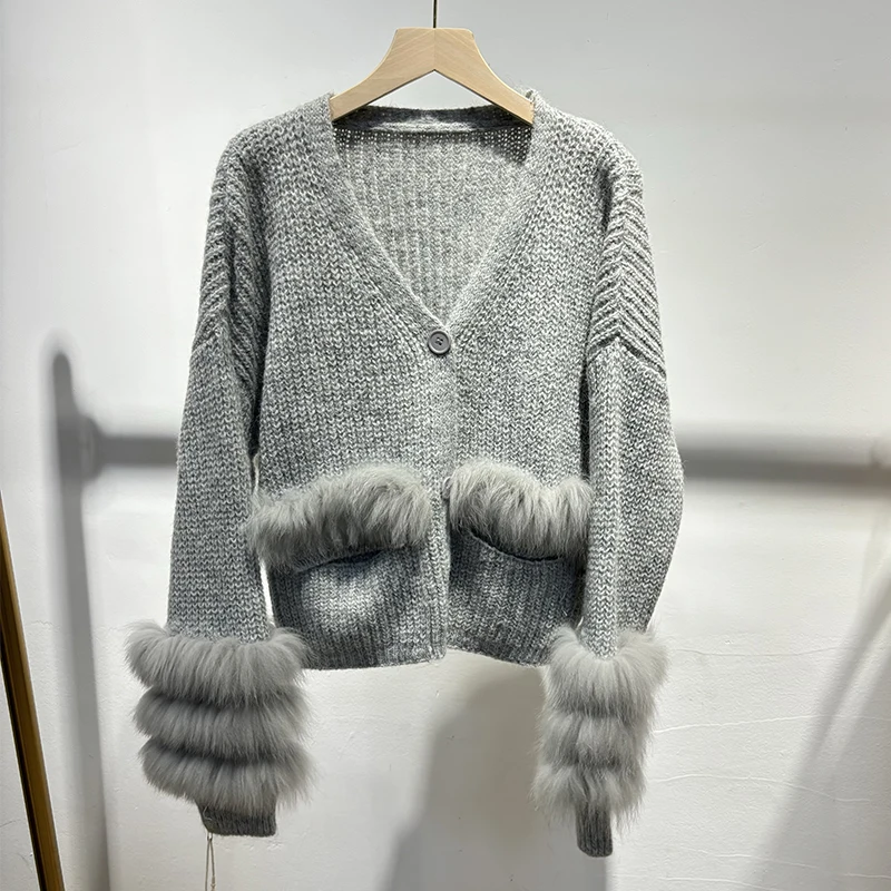 

Женский желтый натуральный лисьий мех, внешнее украшение, женский модный осенний свитер, вязаное теплое пальто с длинными рукавами