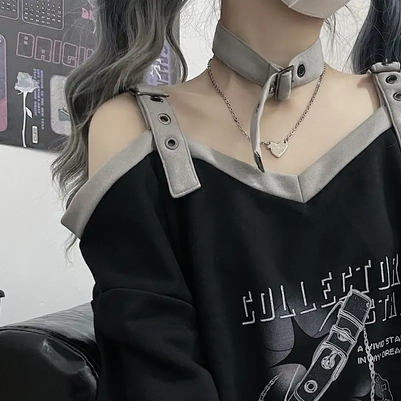 KOSAHIKI Y2k Harajuku Hoodies Women Spring Autumn Off Shoulder Belted Pullover Aesthetic Sweatshirt Female Goth Printed Jersey