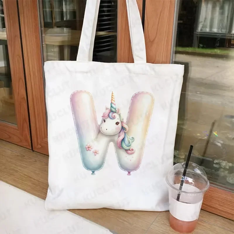 

Unicorn Graphic 26 Alphabet Canvas Shoulder Bag Women A-Z Letters Shopping Bag Vintage Fashion Casual Teenager Tote Commuter Bag