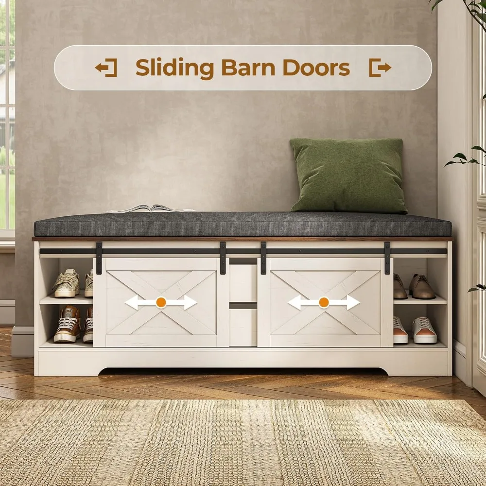 Cushioned Storage Bench with Shoe Rack, Barn Door Slide, Adjustable Shelf, and Drawers for Home Entryways and Closets