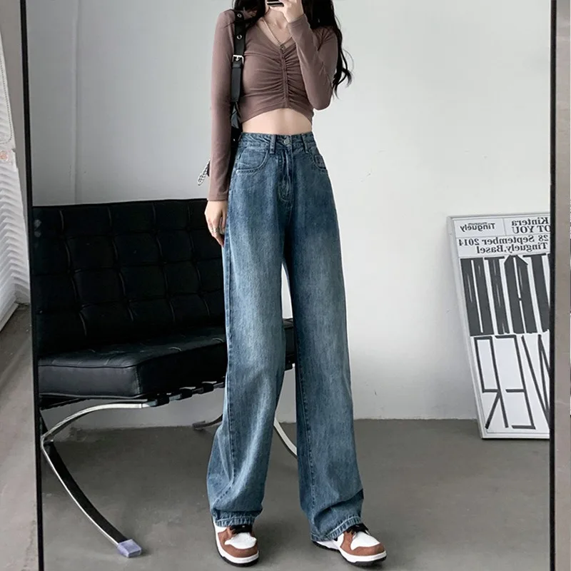 New Women's Korean Pendant Jeans Autumn and Winter High-waisted Denim Wide-leg Pants Fashion Female Denim Floor-mopping Trousers