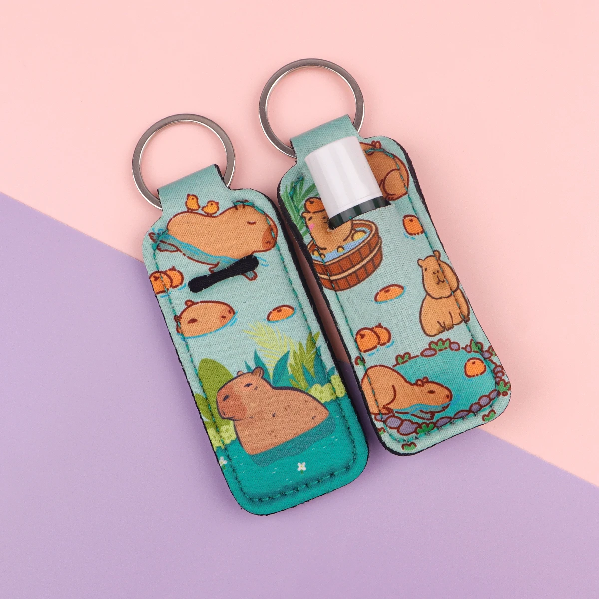 Funny Capybaras Clip on Lipstick Holder Keychain Cartoon Print Keyring Trendy Lip Balm KeyChain Bag Charms Travel Accessories