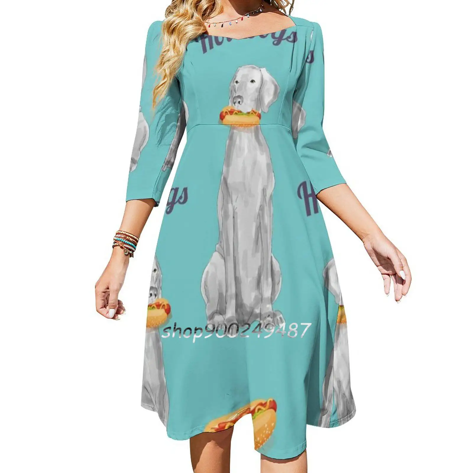 Hot Dogs Square Neck Dress New Plus Size Elegant Women Waist Tight Dress Hot Dogs Weimaraners Dogs Pets Animals Dog Lovers Weim