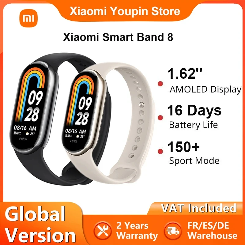 Xiaomi-pulsera inteligente Mi Band 8, dispositivo con Pantalla AMOLED, Bluetooth 5,1, Monitor de oxígeno en sangre y sueño, más de 150 modos