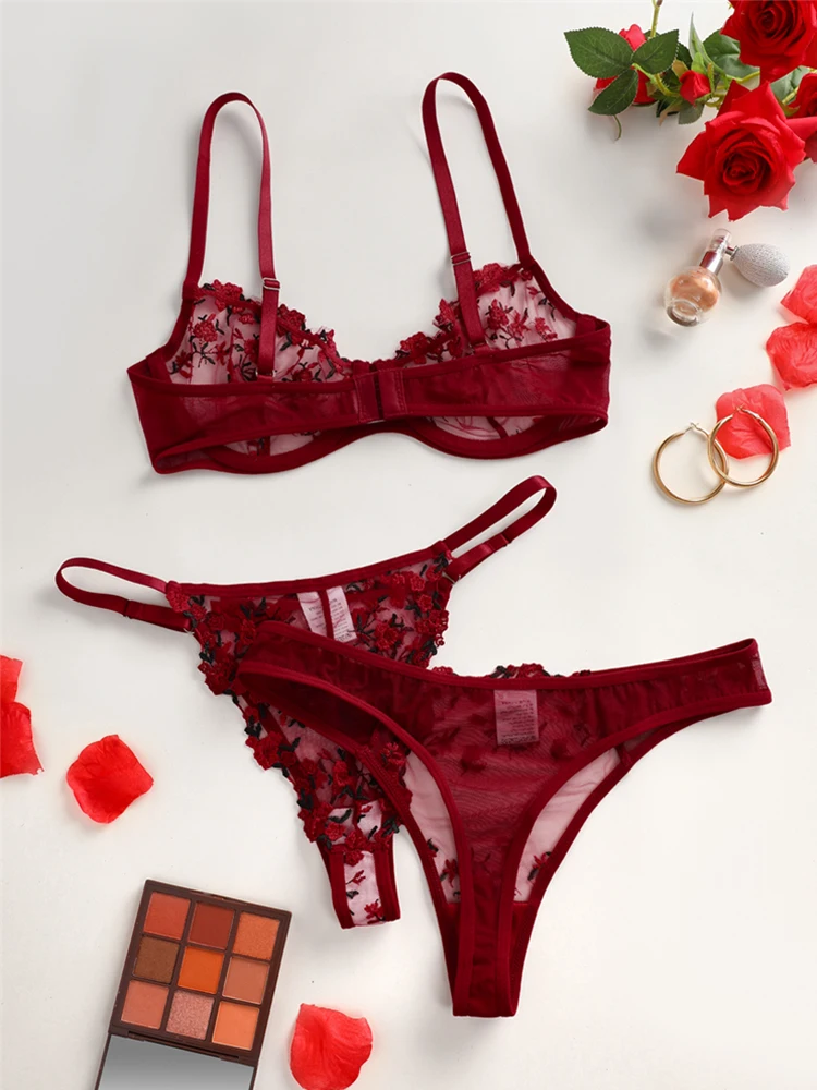 Floral Embroidery Lingerie Set See Through Tulle 3 Pieces Ensemble Underwear Holiday Romantic Sexy Lingerie Sweet Girl Intimates