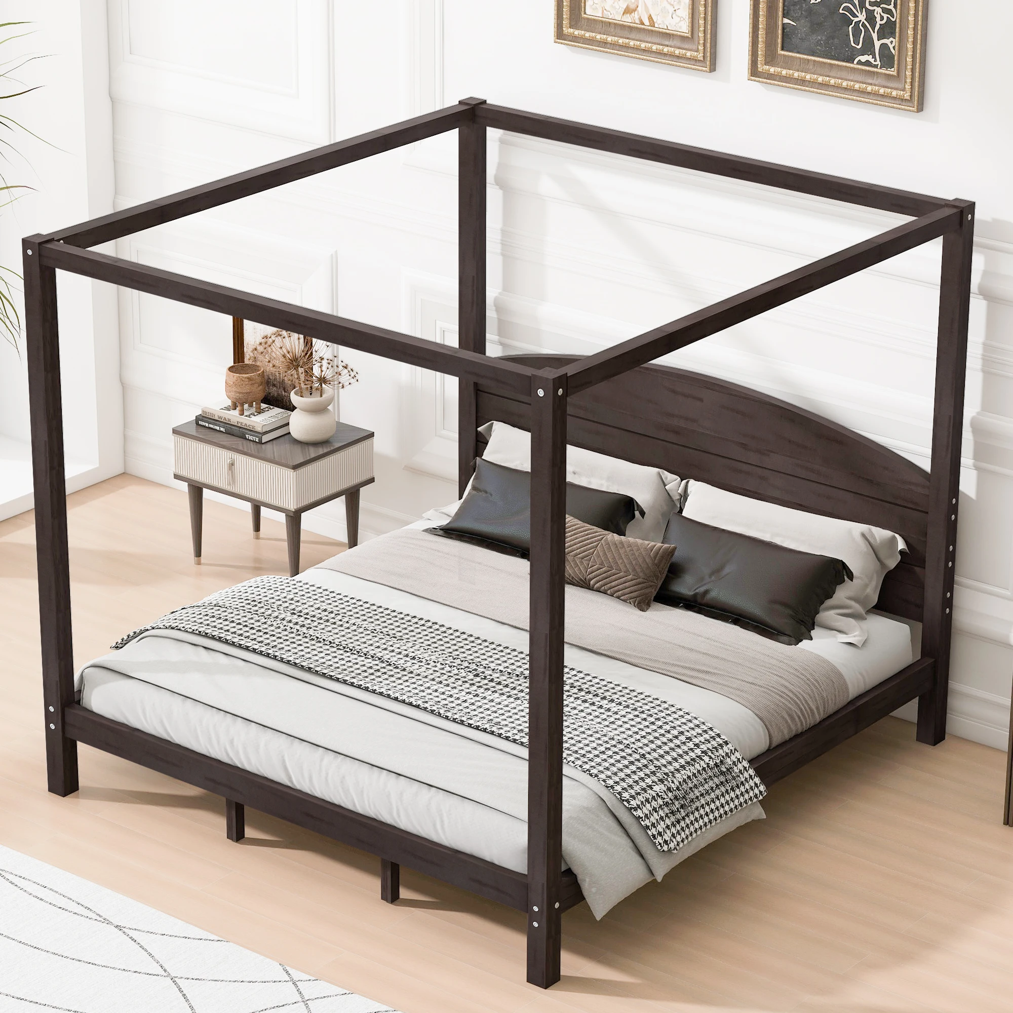 

#Modern King Size Solid Wood Canopy Platform Bed With Plywood Panel Adjustable Eco-Friendly & Durable Support Legs
