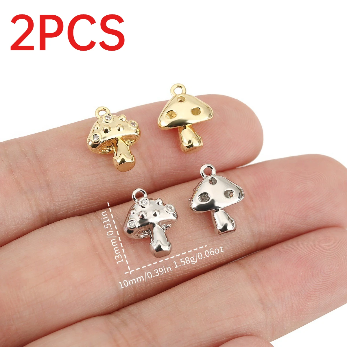 2Pcs Shiny Rhinestone Mushroom Dangle Charms Metal Pendants DIY Necklace Making Jewelry Supplies