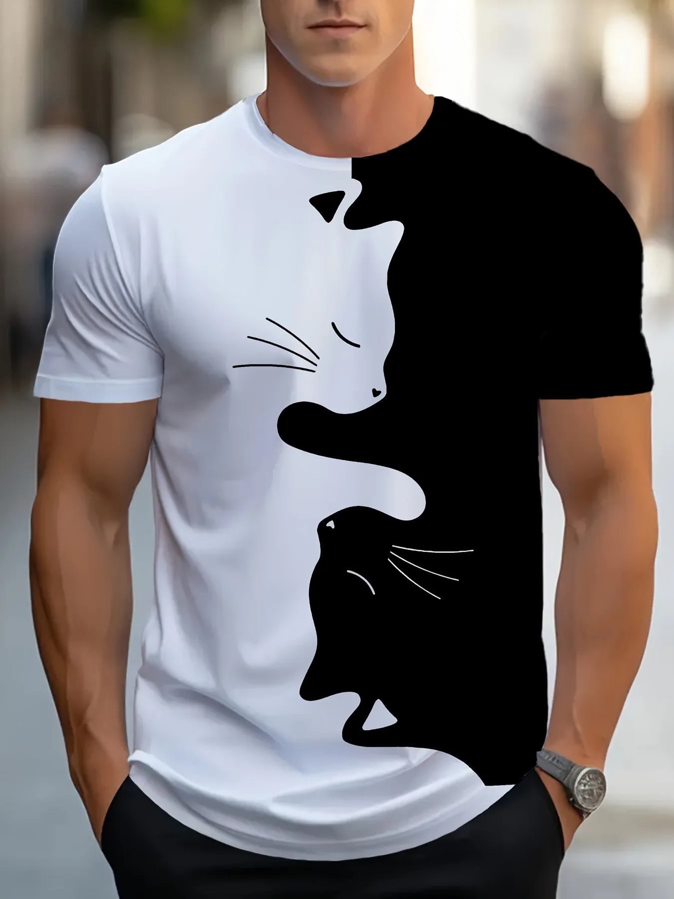 تي شيرت رجالي أنيق على شكل قطة باللون الأسود والأبيض بتصميم كاجوال من البوليستر الناعم مثالي لملابس عطلة نهاية الأسبوع #1