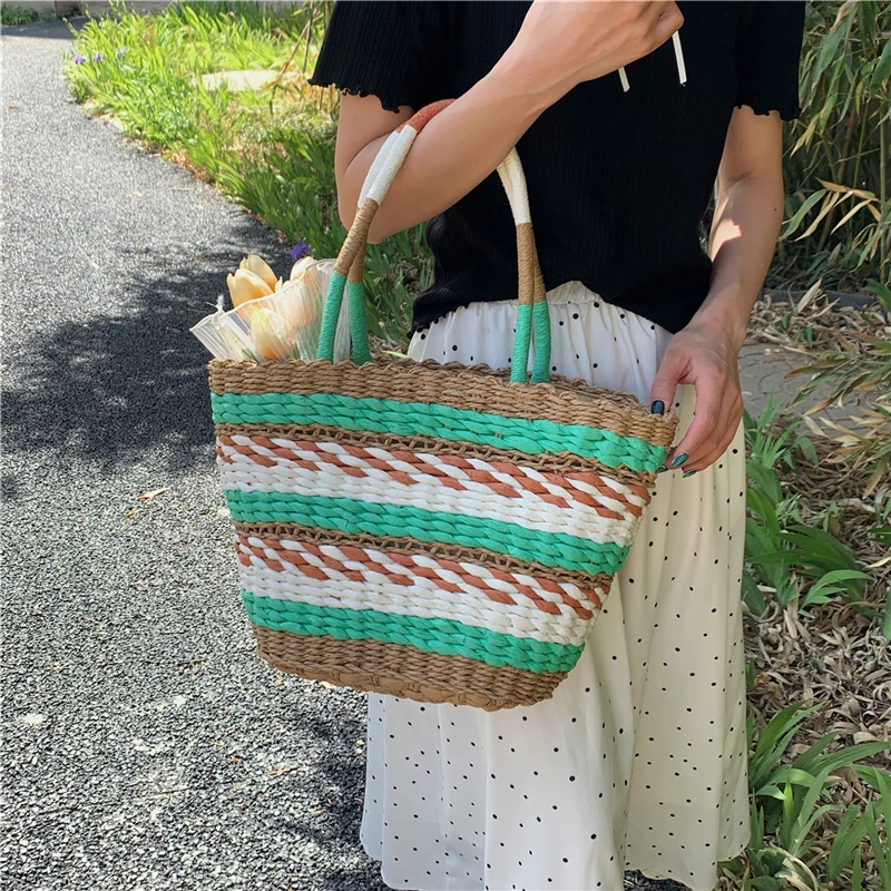 Summer Lady Shoulder Bag Hand woven Straw Bags High quality Splice Female Handbags Designer Women Bag Bohemian Casual Beach Bags