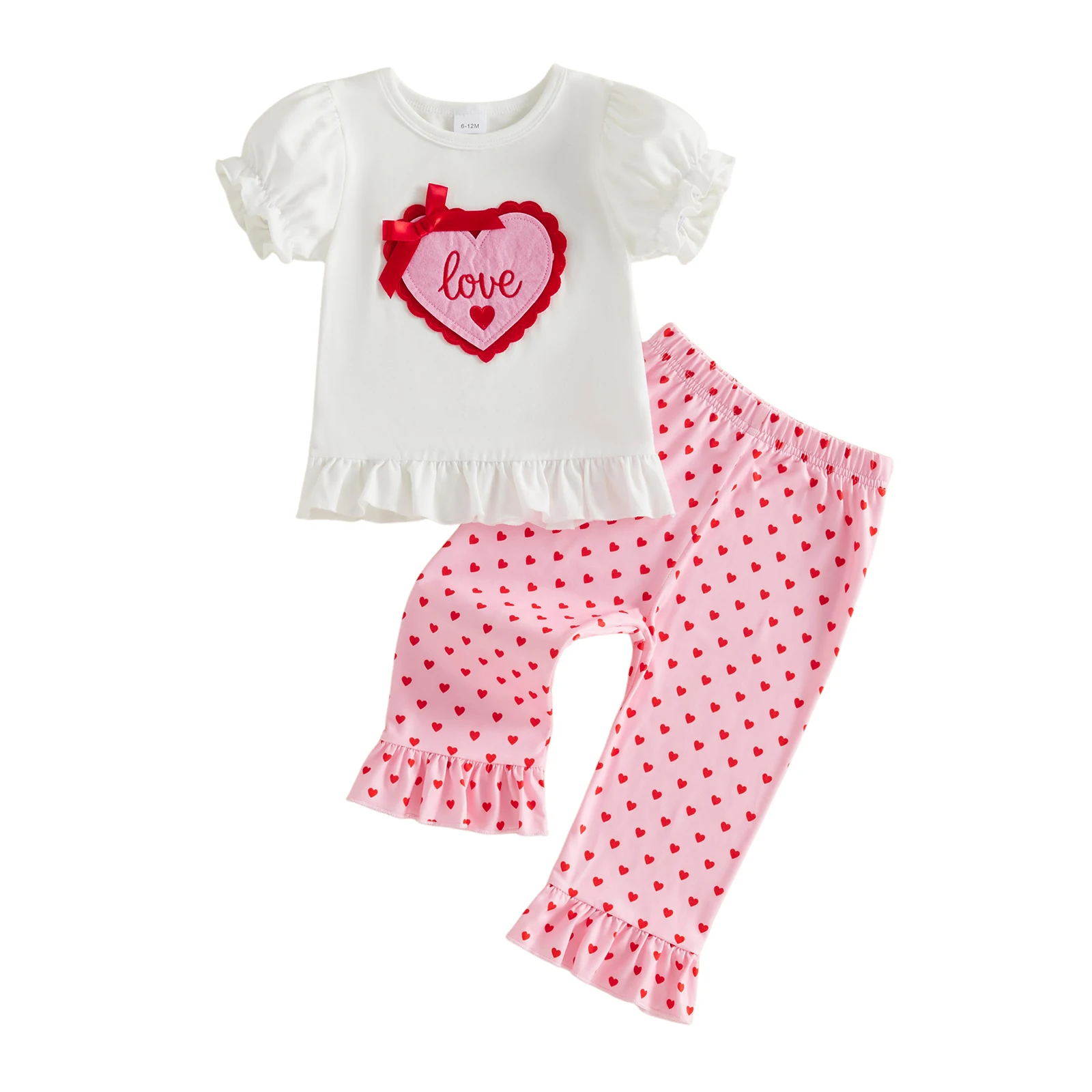 Little Girl Valentines Day Outfit Heart Short Puff Sleeve Tops Flare Pants