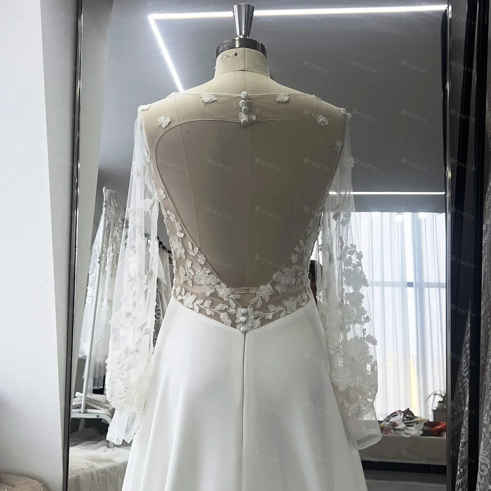 Mryarce Eleganz 3d Blumen v Hals eine Linie Seite Schlitz Brautkleider Brautkleider mit abnehmbaren Ärmeln – Detail 7