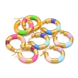 2pcs Stainless Steel Gold Plated Oval Wire Three Color Enamel Earrings Hoops for Jewelry Fashion Findings Supplies Wholesale