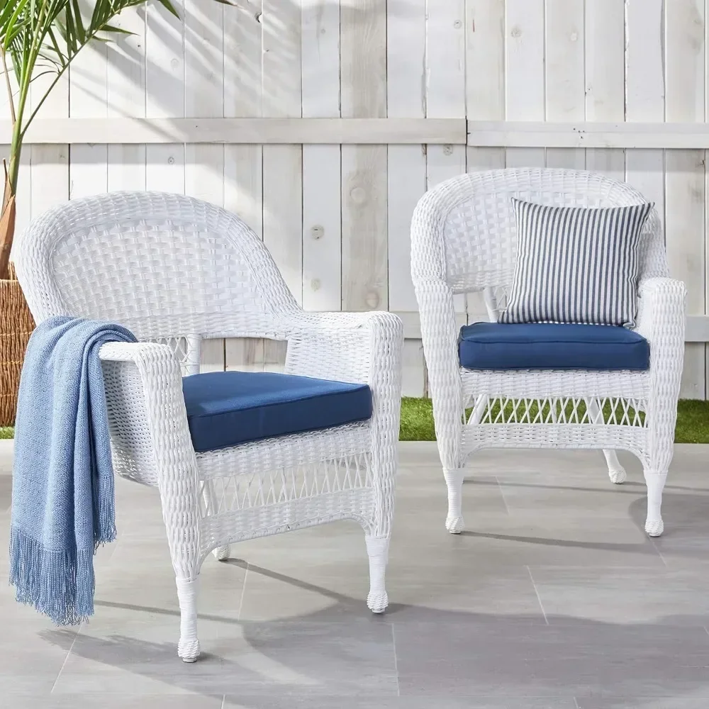 

Wicker Chair With Blue Cushion Patio Furniture Set of 2 White Outdoor