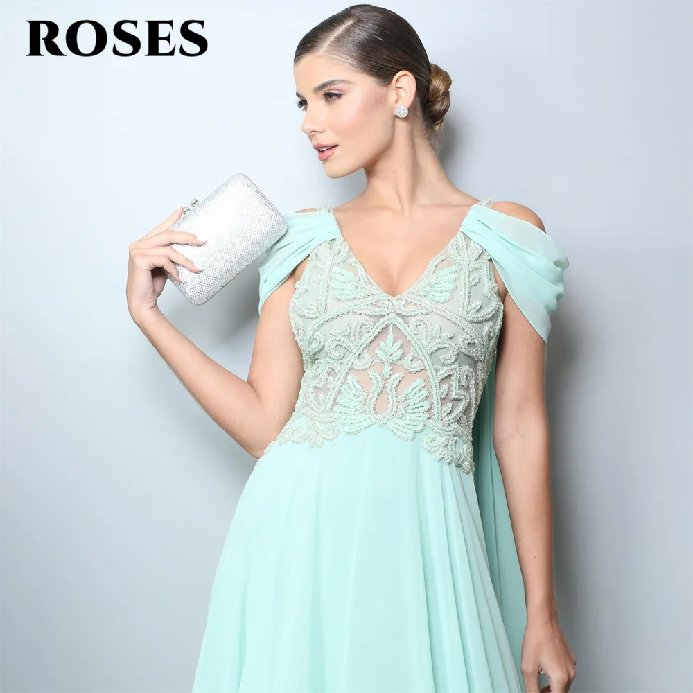 ROSES-Robe de Soirée Chic en Mousseline de Soie pour Femme, Col en V, Dos aux, Appliques, Tenue de Bal