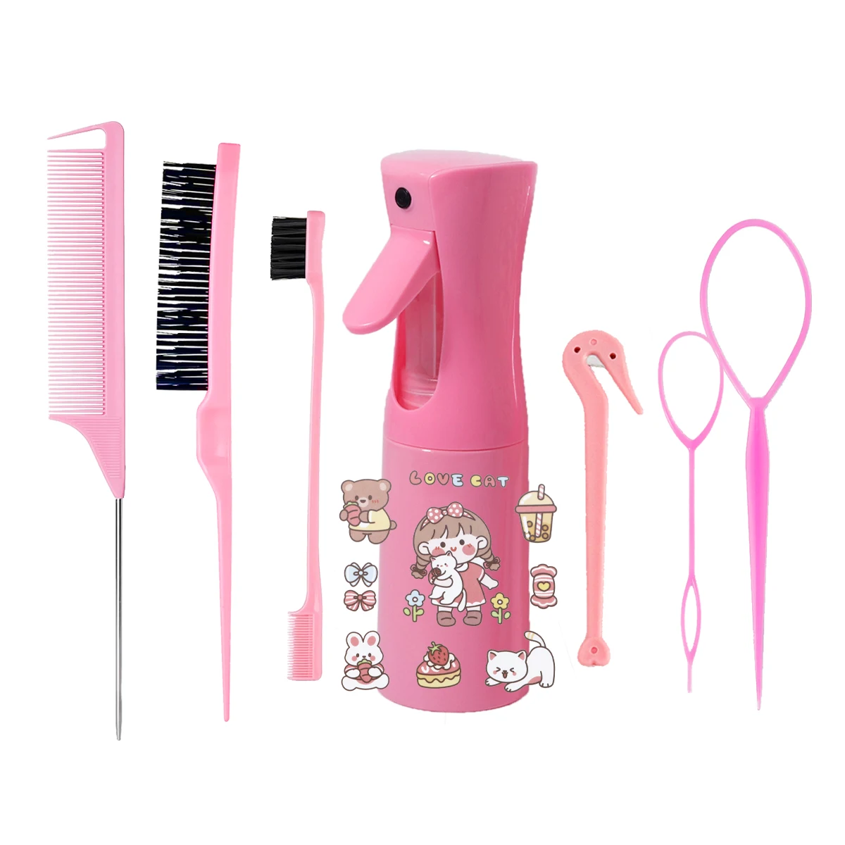 

7pcs hairdressing set, equipped with spray bottle edge brush hair ring remover, DIY cartoon sticker,Special for real hair wigs