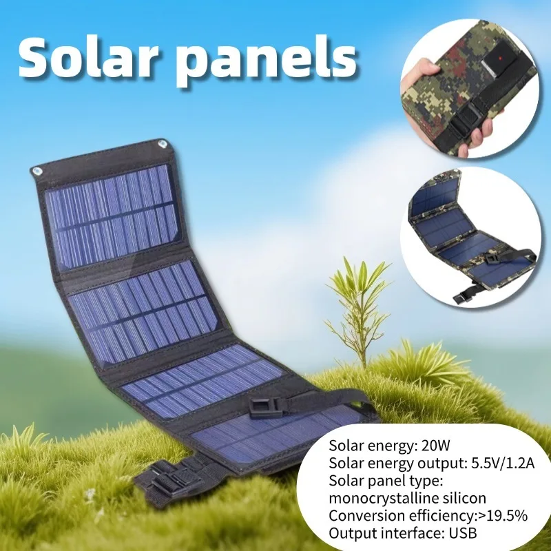 Panel Solar plegable de 20W, cargador Solar portátil con salida USB de 5,5 V y 1,2a para exteriores, resistente al agua, duradero, de alta eficiencia, respetuoso con el medio ambiente