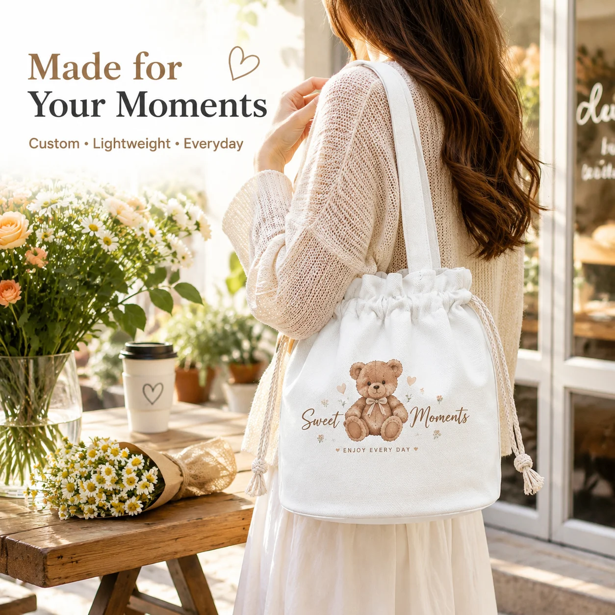 Custom Travel Drawstring Tote Bag Personalized Vacation Memory Photo Handbag for Women