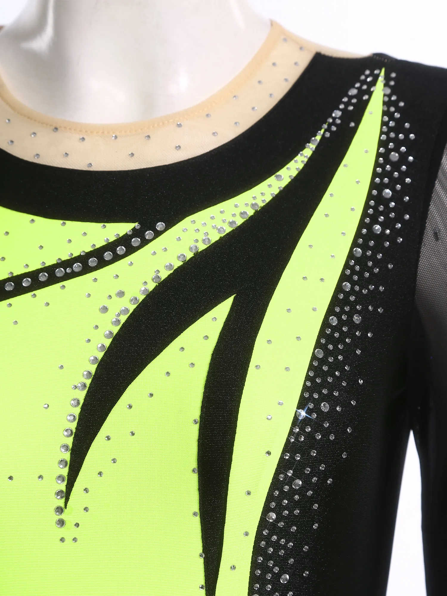 Damen-Gymnastik-Trikots mit glänzenden Strasssteinen, langärmelig, Netzstoff, für Ballett, Tanz, Eiskunstlauf, Akrobatik, Trainingsoverall