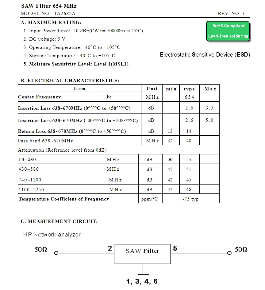 (10 قطعة) رمز TA2682A 2682 مرشح أصلي جديد 654 ميجا هرتز معبأ SMD SAW