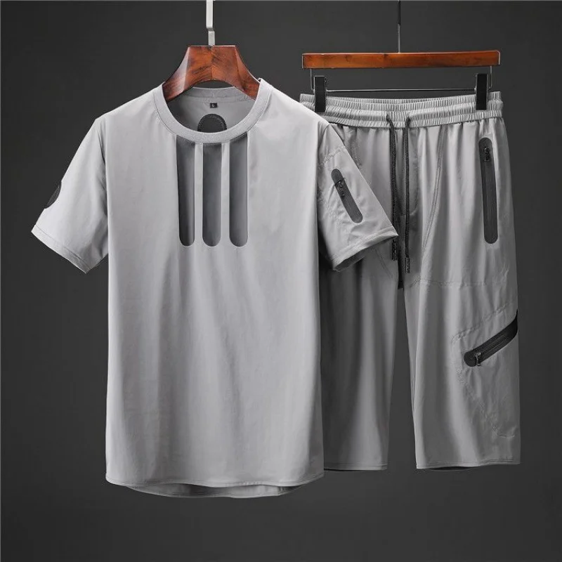 

2026 Summer Men's Ice Silk 2 Piece Set, High Quality Smooth Ultra-thin Quick Dry Short Sleeve & Shorts Tracksuit