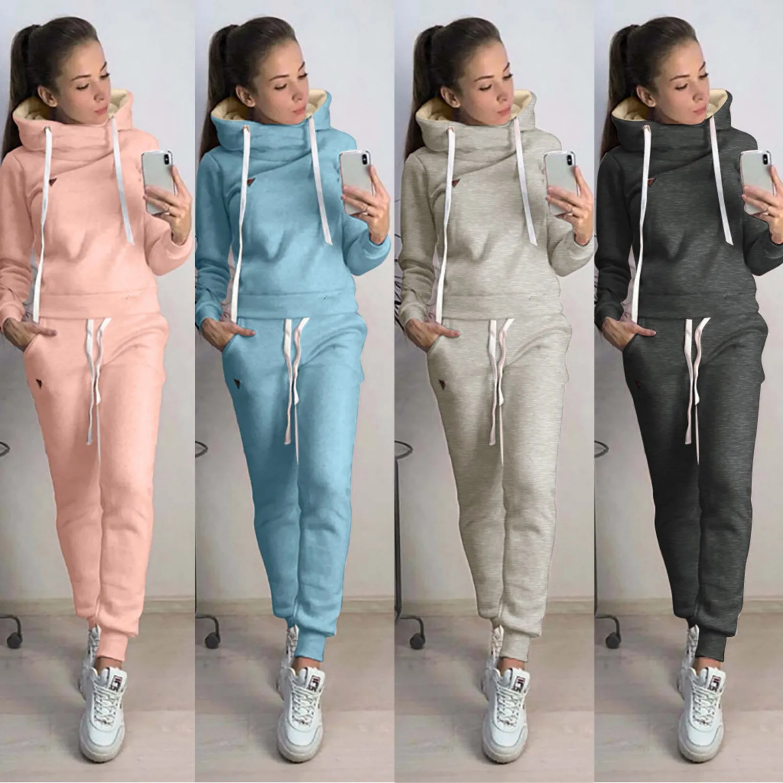 Autumn Winter 2 Piece Set Tracksuit Women Sportwear Fleece Hoodies Pullover Sweatshirts Baggy Trousers Jogger Pants Warm Outfits