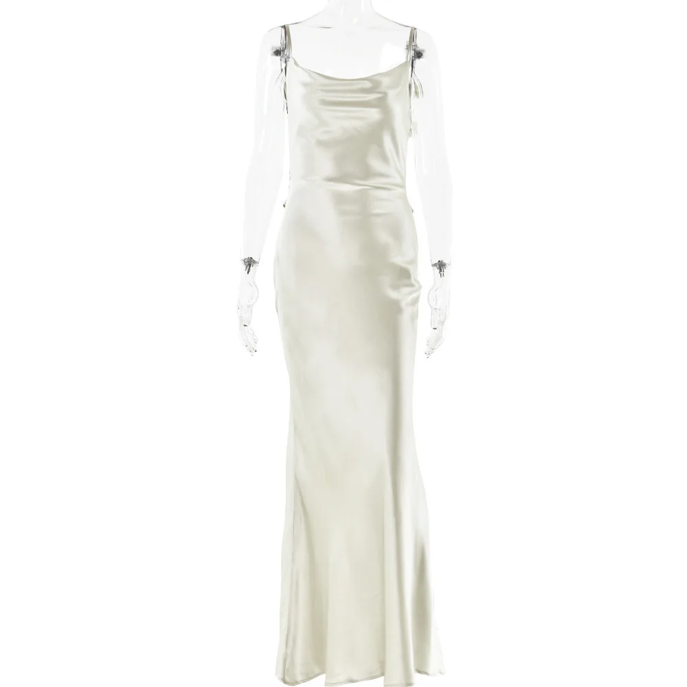 2025 여름 신상 새틴 스파게티 스트랩 백리스 섹시 슬림 이브닝 가운 롱 드레스