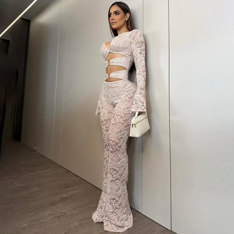 

Sexy See Through Lace Flare Jumpsuits Women Fashion Metal Rings Hollow Out Flared Long Sleeve Ruched Boot Cut Overalls Clubwear