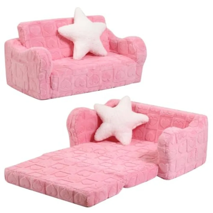 

Toddler Couch, 2-in-1 Soft Couch Fold Out with Star Pillow, Foldable Sofa to Lounger,,Heart