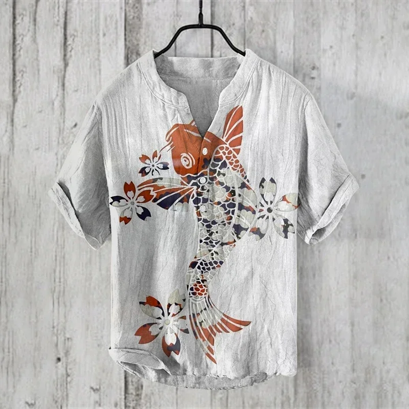 Camisa Henley vintage estampada em 3D estilo chinês masculina, camiseta de manga curta, tops casuais, roupas da moda, primavera, verão