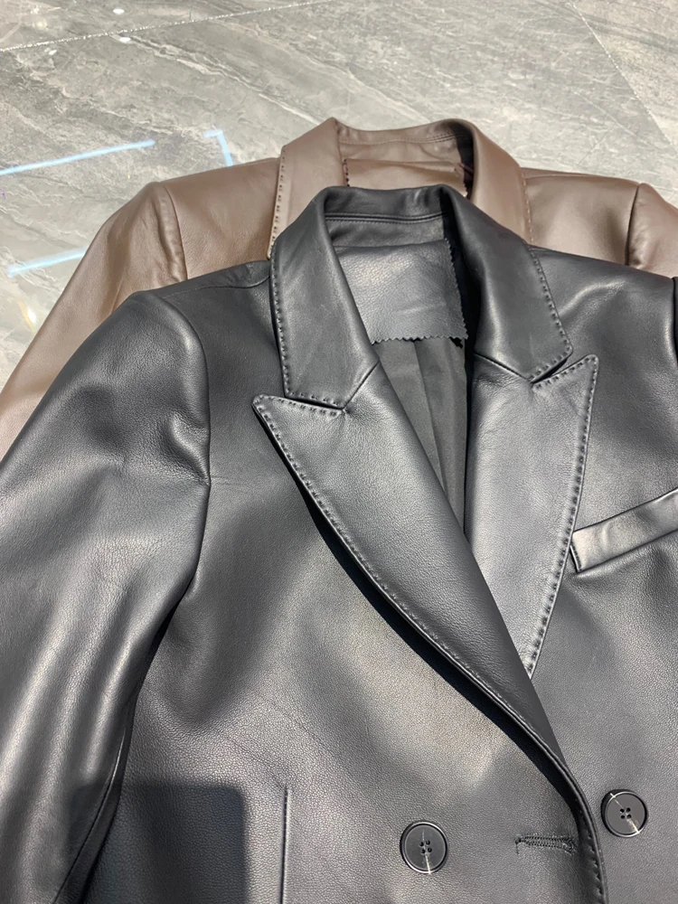 Suit Leather Jacket For Women 2023 Female 100% Sheepskin Lined Suit Collar Slim Short Quilted Coats Retro OL Sobretudo Feminino