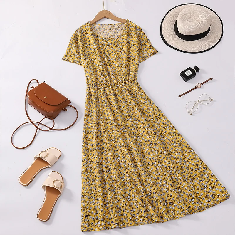 

Elegant Floral Print Midi Dress Short Sleeve Summer New Style for Mom Middle-Aged Women Fashionable Casual Long Skirt
