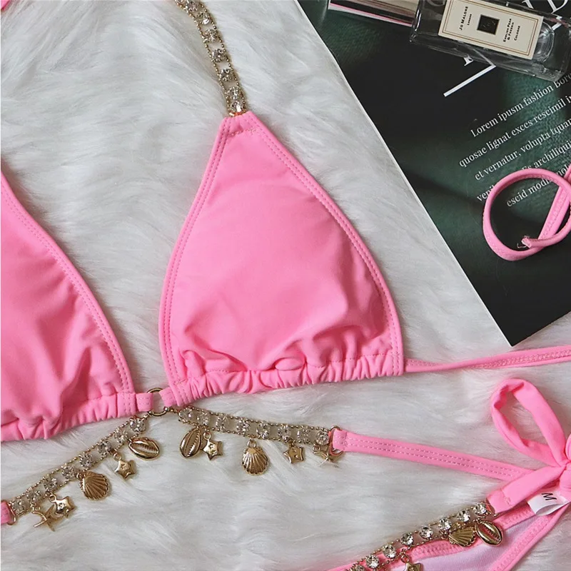 Pink Sexy Bikinis Swimsuit With Rhinestones Women Swimwear Female Push Up Bikini Beach Swim Wear Bathing Suits Pool Bather 2023