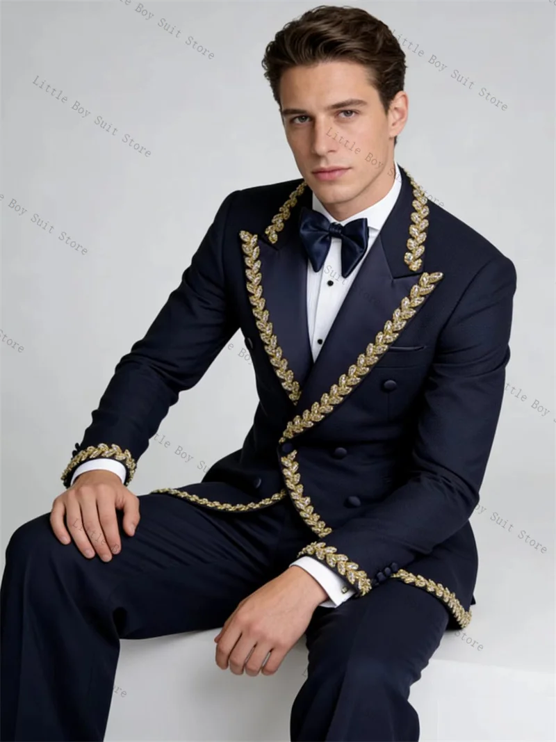 

Golden Crystals Men Suit Set 2 Pieces Jacket Blazer+Cotton Pants Trousers Wedding Tuxedo Formal Office Party Coat Customized