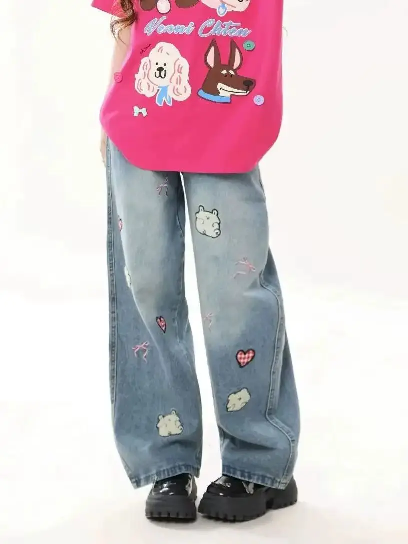 

Y2K Брюки с вышивкой Женские джинсовые джинсы с героями мультфильмов Американский ретро Широкие брюки Свободный крой Прямой крой Длина пола Дизайн