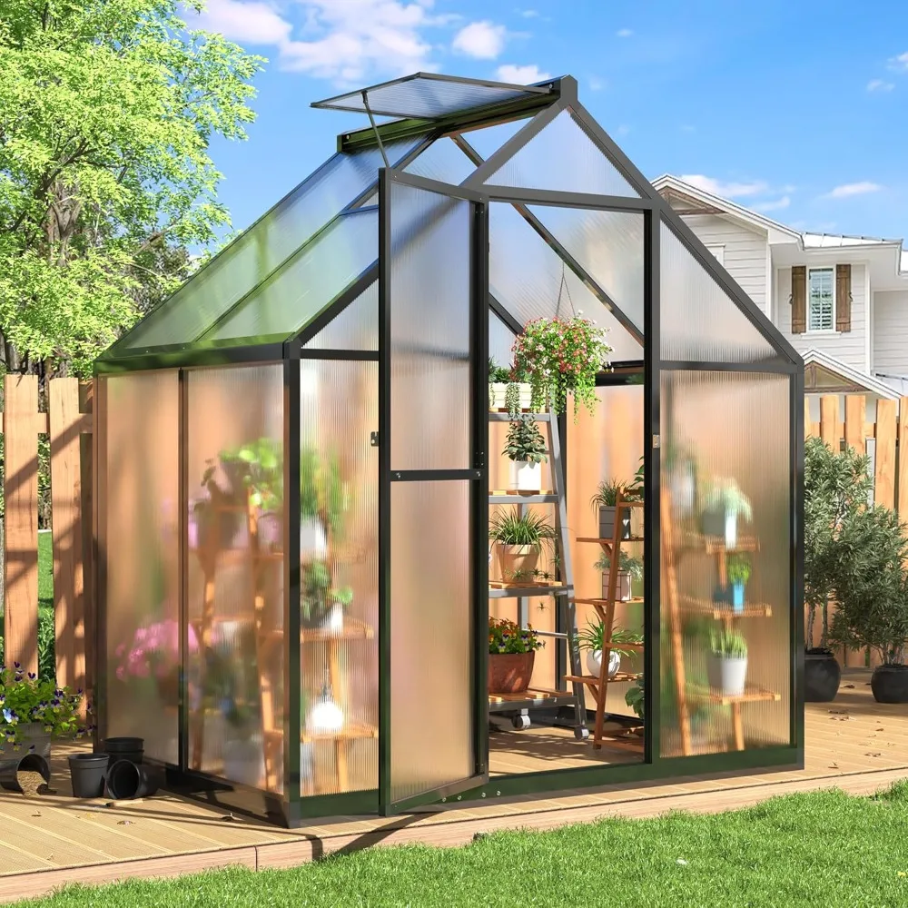 

4x6 FT Greenhouse, Quick Aluminum Assembly Structure Polycarbonate , Walk-in Greenhouses for Outdoors with Ventilated