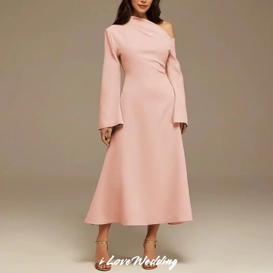 Abiti da sera monospalla rosa 2025 Abiti da sera alla caviglia a maniche lunghe in raso a trapezio Abiti da cerimonia per invitati personalizzati