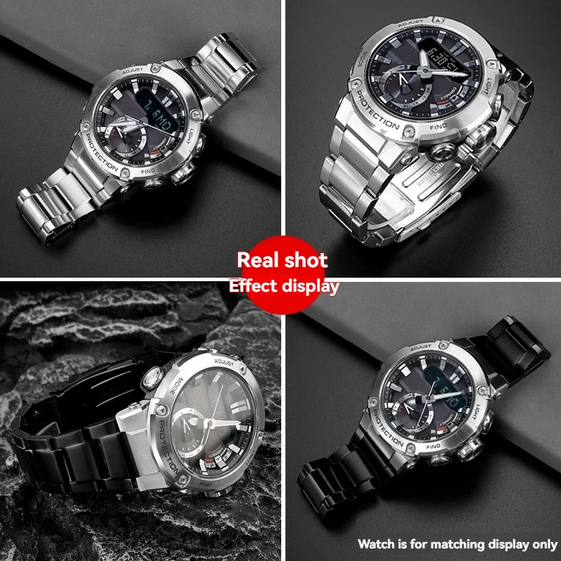 Ремешок для часов из нержавеющей стали 316L для Casio G-SHOCK GST-B200/B200D — ширина наконечника 24x16 мм, мужской сменный серебристо-черный металлический ремешок