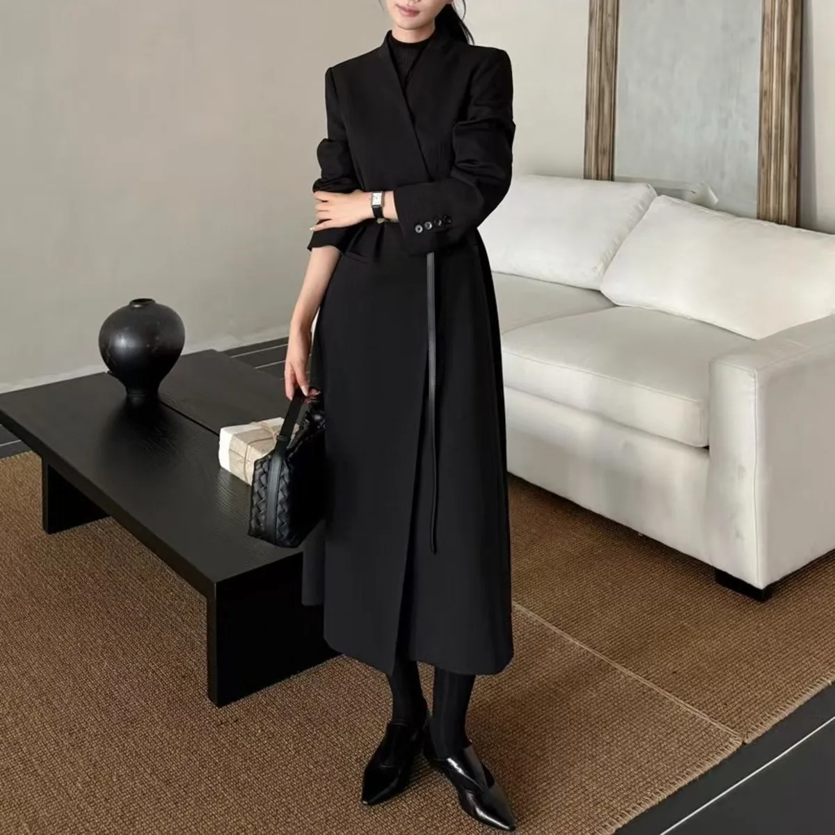 BJTZ Giacca da ufficio con scollo a V da donna Temperamento di media lunghezza per donna 2025 Primavera Autunno Nuovo soprabito femminile a maniche lunghe in tinta unita